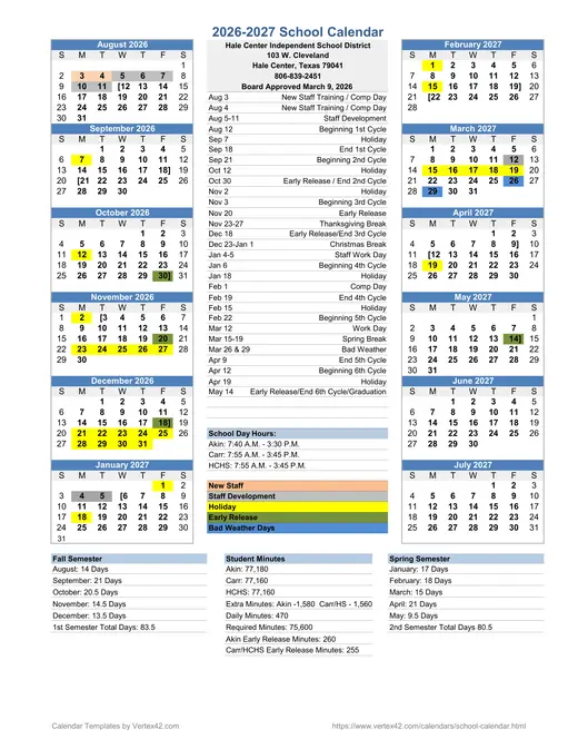 Hale Center ISD 2026–2027 Academic Calendar Page 1