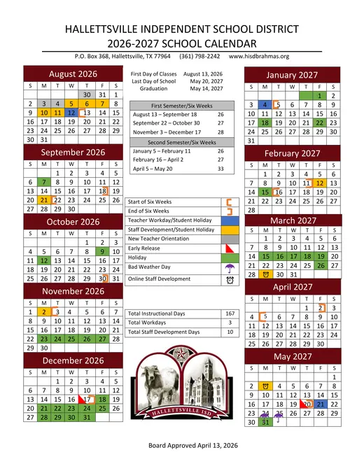 Hallettsville Independent School District 2026–2027 Academic Calendar