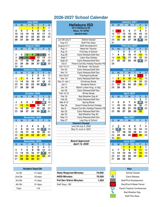 Hallsburg ISD 2026–2027 Academic Calendar Page 1
