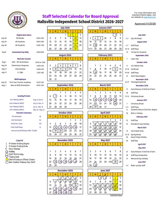 Hallsville Independent School District 2026–2027 Academic Calendar