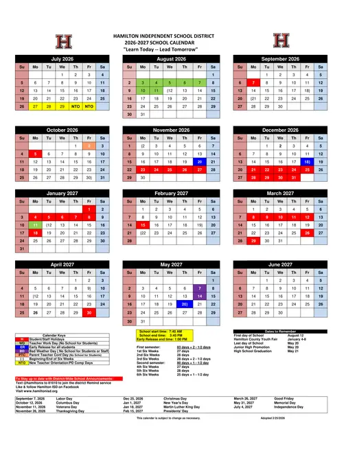 Hamilton ISD 2026–2027 Academic Calendar Page 1