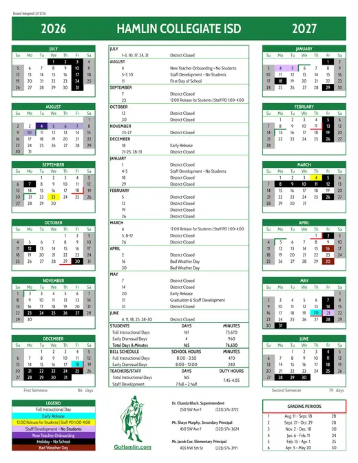 Hamlin Collegiate ISD 2026–2027 Academic Calendar Page 1