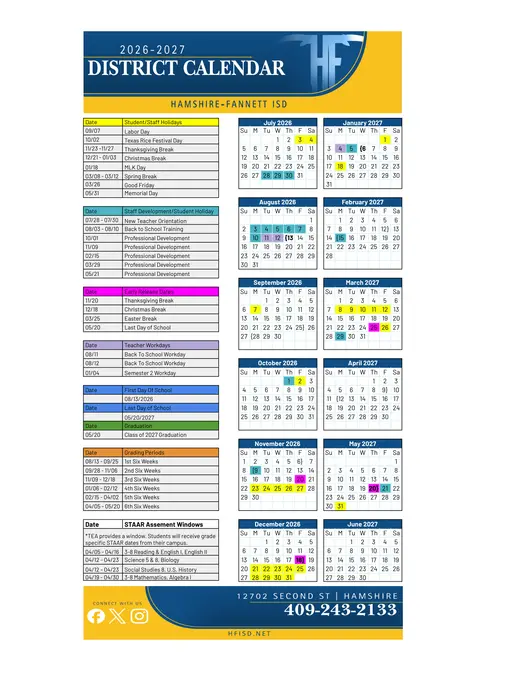 Hamshire-Fannett ISD 2026–2027 Academic Calendar