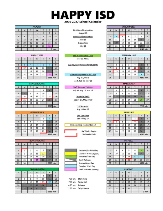 Happy ISD 2026–2027 Academic Calendar Page 1