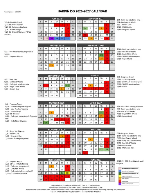 Hardin ISD 2026–2027 Academic Calendar