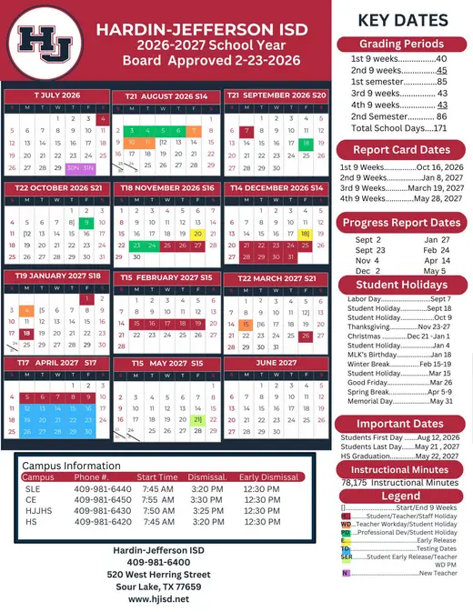 Hardin-Jefferson ISD 2026–2027 Academic Calendar