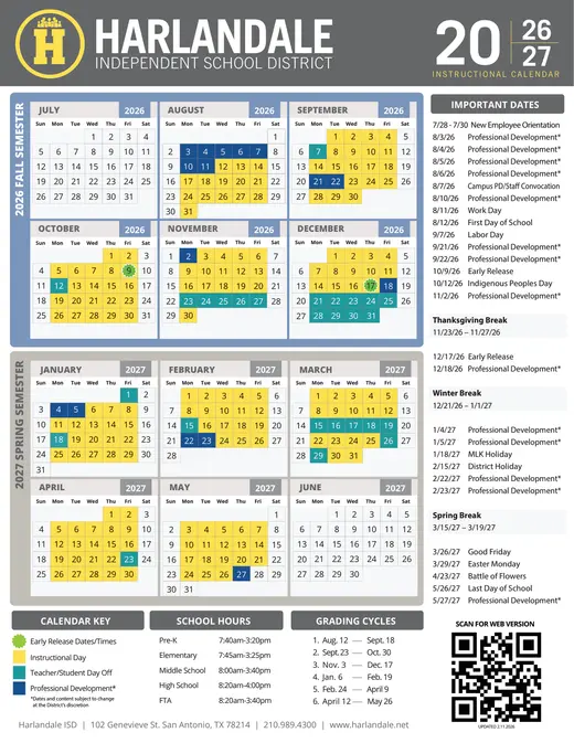 Harlandale Independent School District 2026–2027 Academic Calendar