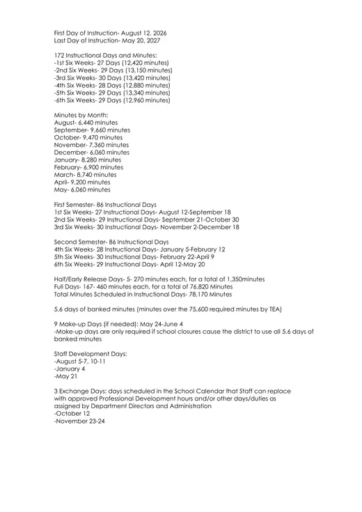 Harleton ISD 2026–2027 Academic Calendar Page 2