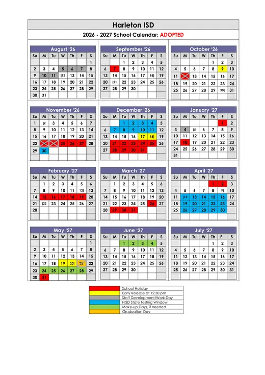 Harleton ISD 2026–2027 Academic Calendar Page 1