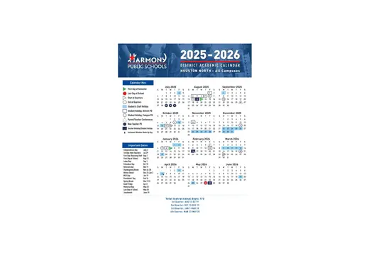 Harmony Public Schools, Houston North All Campuses 2025–2026 Academic Calendar