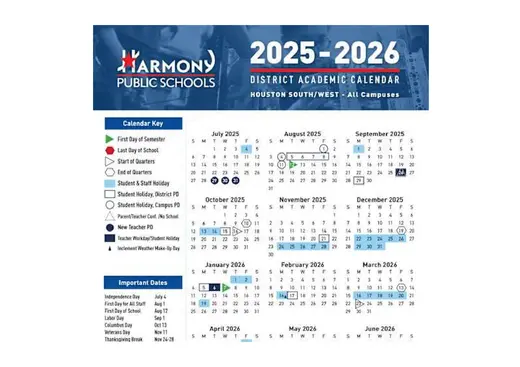 Harmony Public Schools Houston South 2025–2026 Academic Calendar Page 1