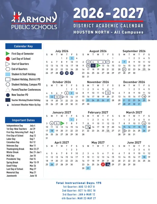 Harmony Public Schools - Houston West 2026–2027 Academic Calendar Page 1