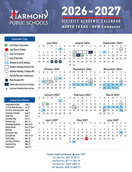 Harmony Public Schools North Texas 2026–2027 Academic Calendar