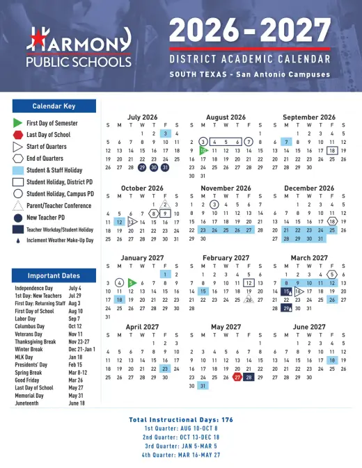 Harmony Public Schools - South Texas 2026–2027 Academic Calendar Page 1