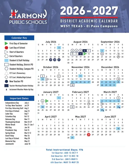 Harmony Public Schools - West Texas 2026–2027 Academic Calendar Page 1