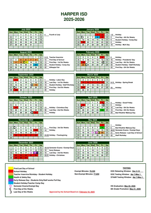 Harper ISD 2025–2026 Academic Calendar Page 1