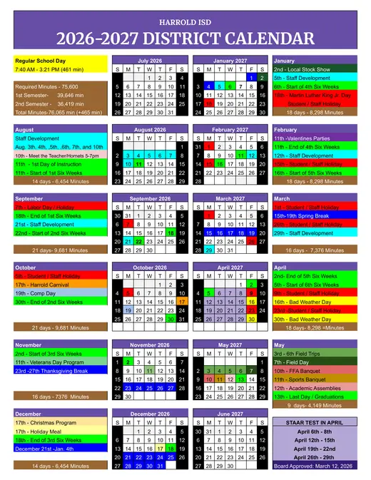 Harrold ISD 2026–2027 Academic Calendar Page 1