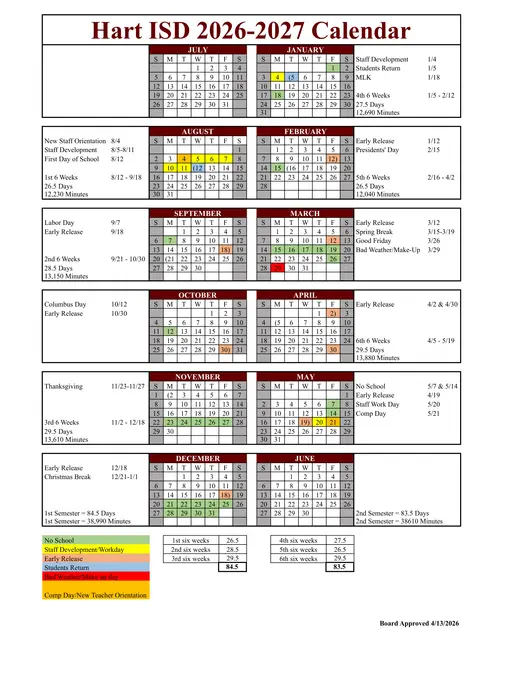 Hart ISD 2026–2027 Academic Calendar Page 1