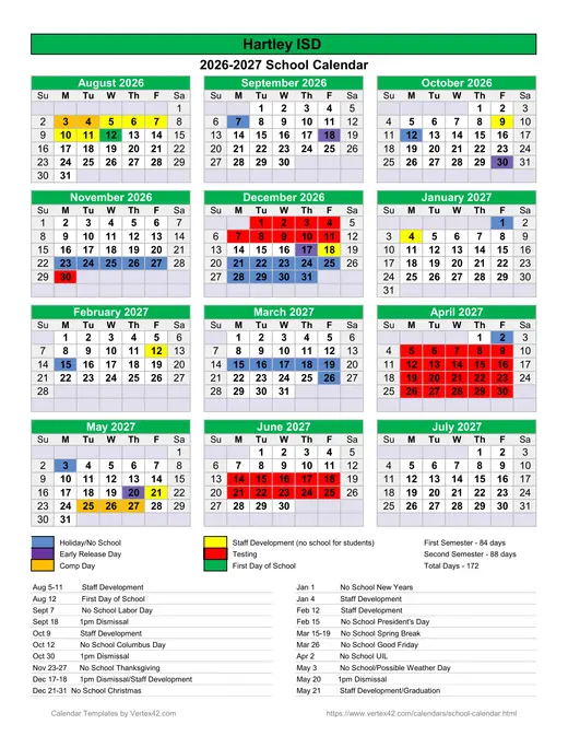 Hartley ISD 2026–2027 Academic Calendar Page 1