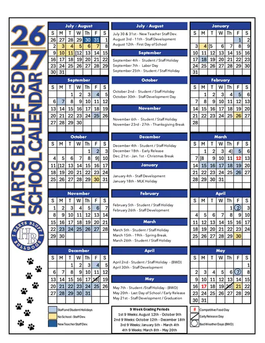 Harts Bluff ISD 2020–2021 Academic Calendar Page 1