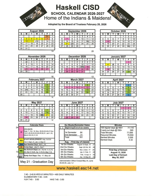 Haskell CISD 2026–2027 Academic Calendar Page 1