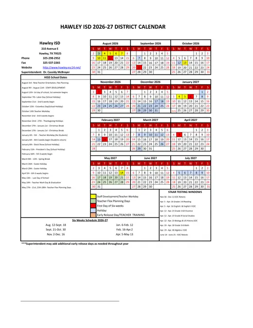 Hawley ISD 2026–2027 Academic Calendar Page 1