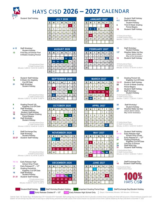 Hays CISD 2026–2027 Academic Calendar Page 1