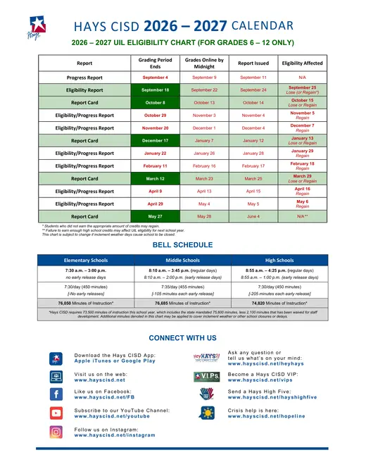 Hays CISD 2026–2027 Academic Calendar Page 2