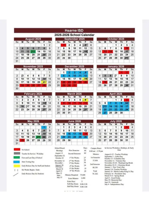 Hearne ISD 2025–2026 Academic Calendar Page 1