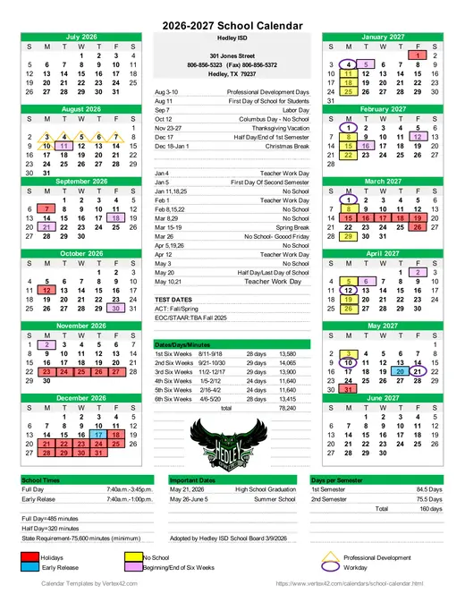 Hedley ISD 2026–2027 Academic Calendar Page 1