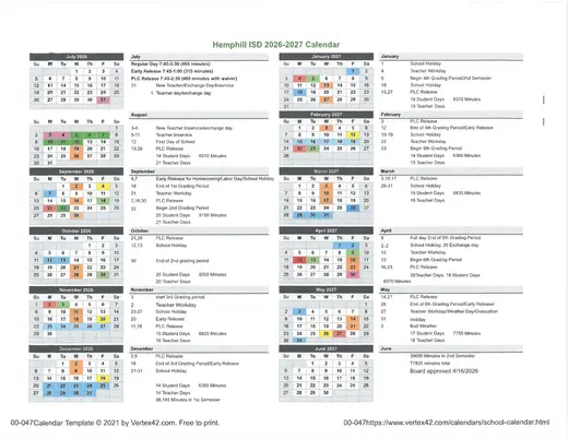 Hemphill ISD 2026–2027 Academic Calendar Page 1