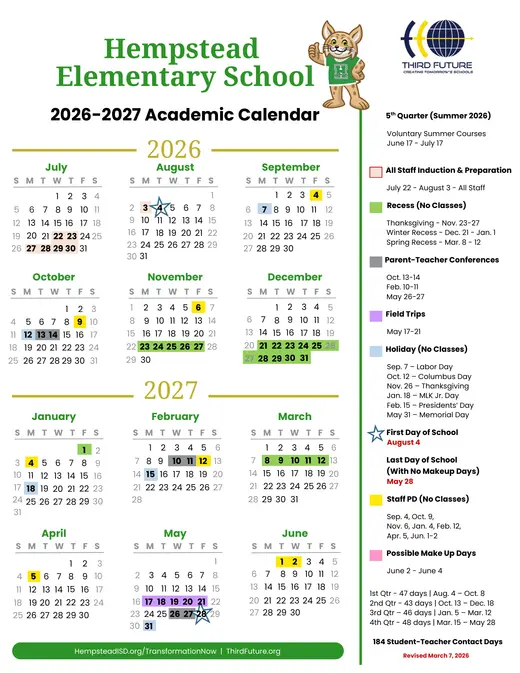Hempstead Elementary School 2026–2027 Academic Calendar Page 1