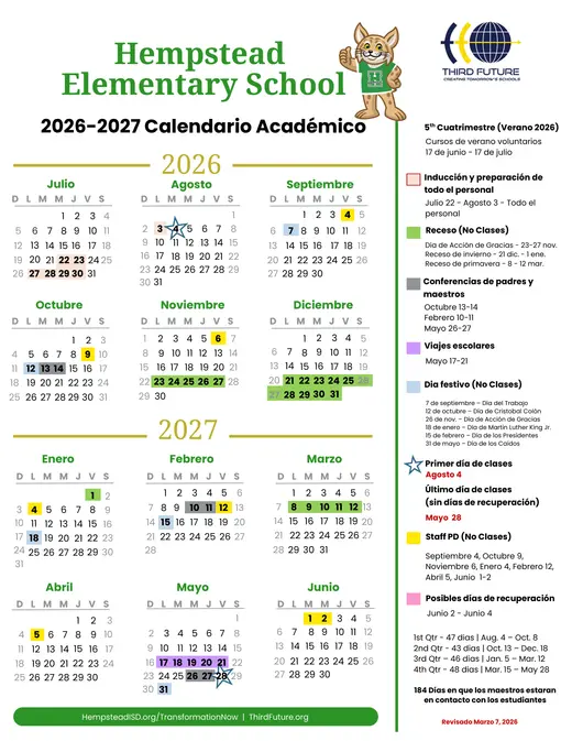 Hempstead Elementary School 2026–2027 Academic Calendar Page 2