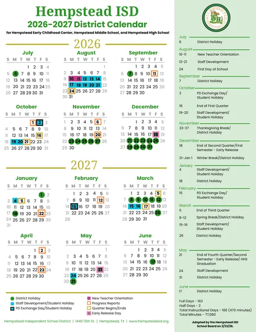 Hempstead ISD 2026–2027 Academic Calendar Page 1