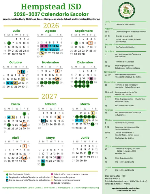 Hempstead ISD 2026–2027 Academic Calendar Page 2