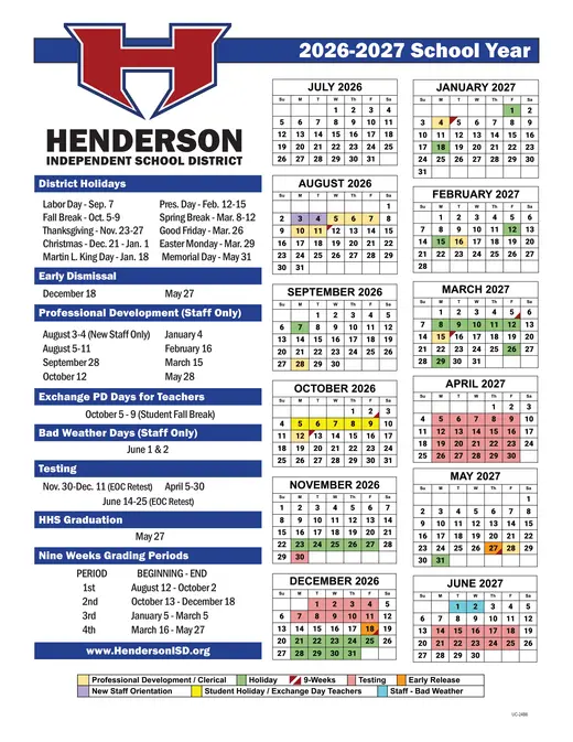 Henderson Independent School District 2026–2027 Academic Calendar