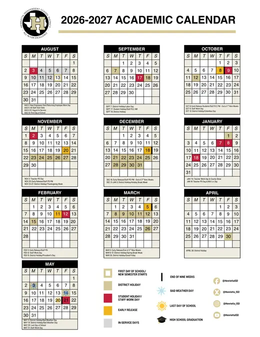 Henrietta ISD 2026–2027 Academic Calendar Page 1