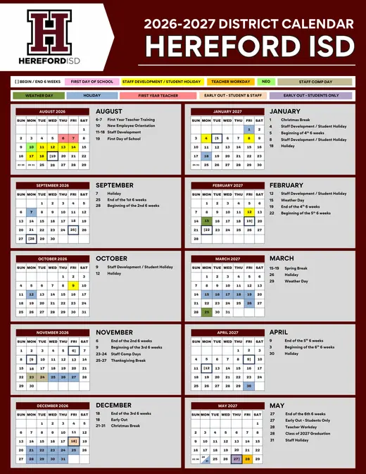 Hereford ISD 2026–2027 Academic Calendar Page 1