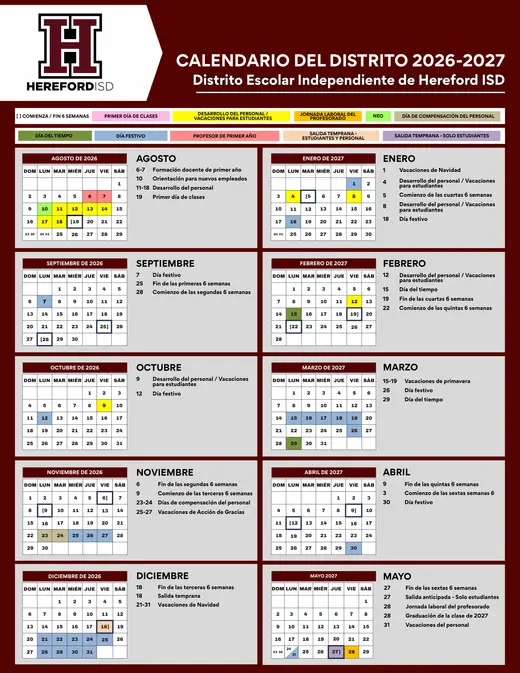 Hereford ISD 2026–2027 Academic Calendar Page 2