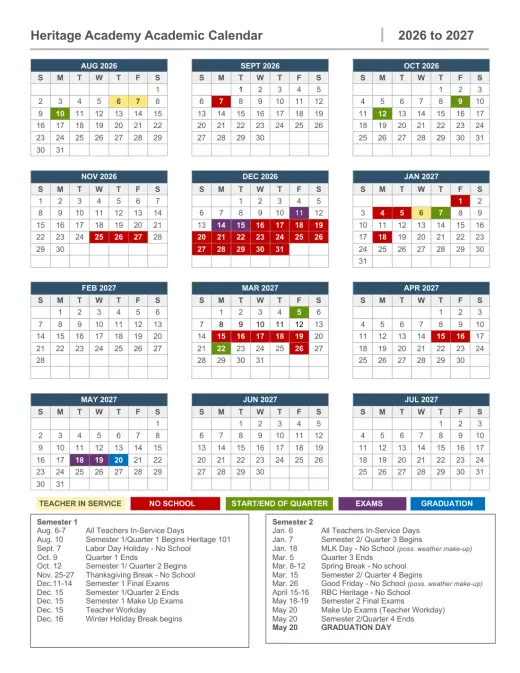 Heritage Academy 2026–2027 Academic Calendar Page 1
