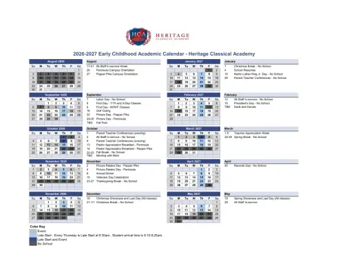 Heritage Classical Academy 2026–2027 Academic Calendar Page 1