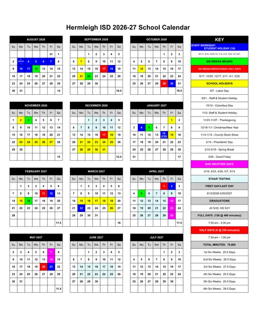 Hermleigh ISD 2026–2027 Academic Calendar Page 1