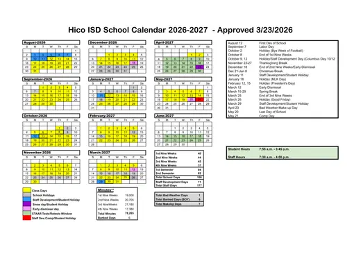 Hico ISD 2026–2027 Academic Calendar Page 1
