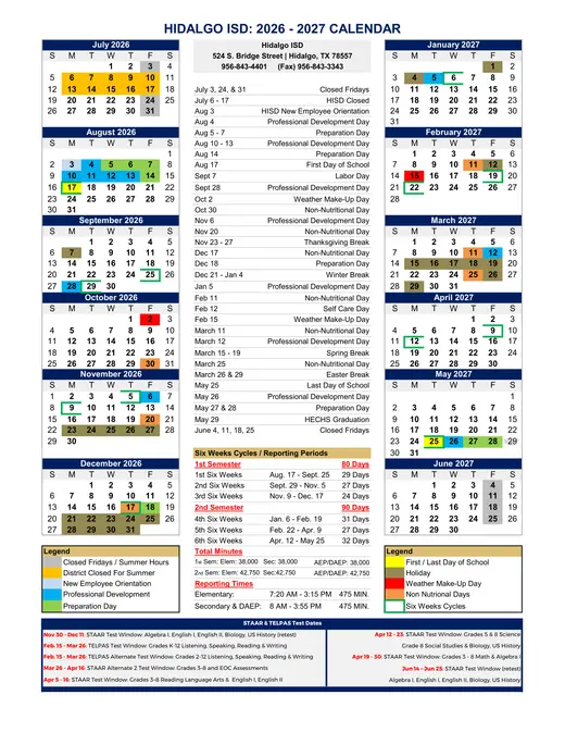 Hidalgo ISD 2026–2027 Academic Calendar
