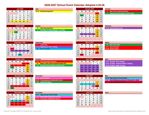 High Island ISD 2026–2027 Academic Calendar Page 1