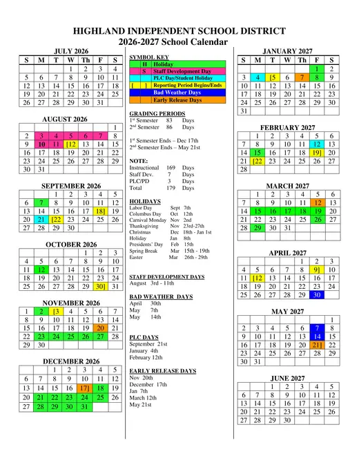 Highland ISD 2026–2027 Academic Calendar Page 1