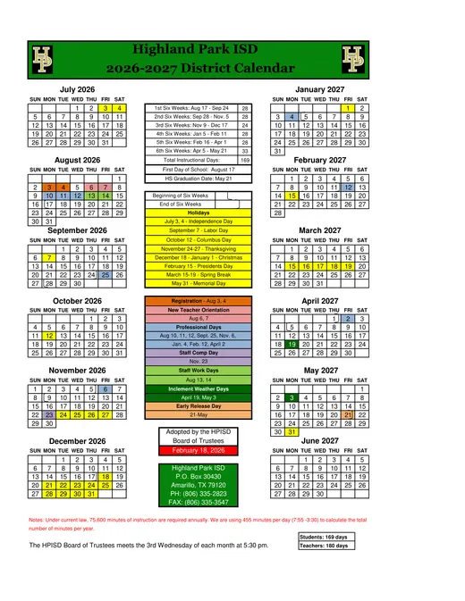 Highland Park ISD 2026–2027 Academic Calendar Page 1