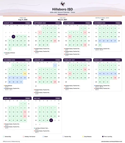 Hillsboro ISD 2026–2027 printable school calendar — every month on one sheet
