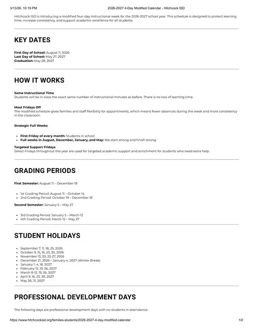 Hitchcock ISD 2025–2026 Academic Calendar Page 1