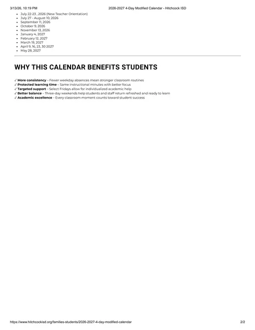 Hitchcock ISD 2025–2026 Academic Calendar Page 2